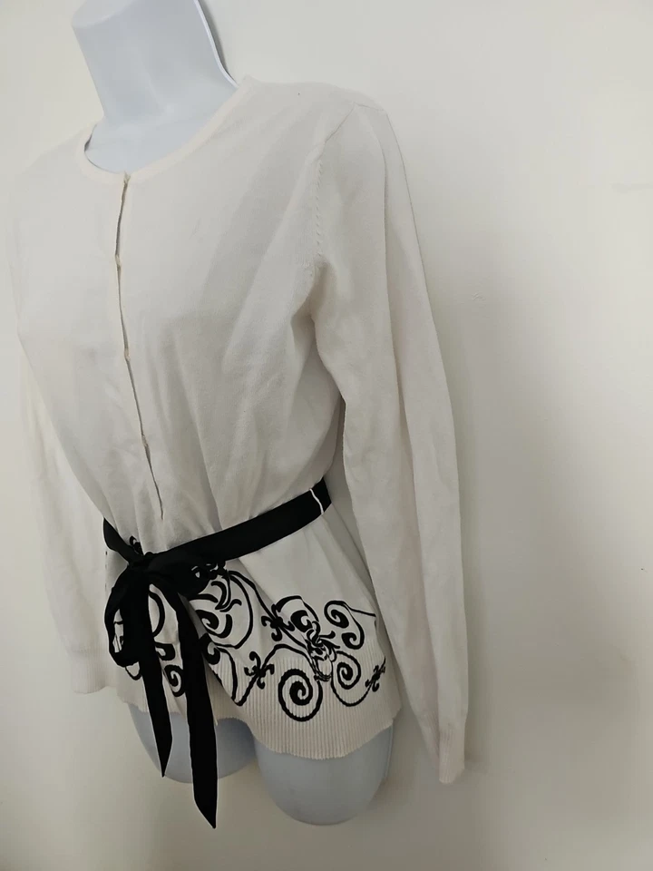 Cárdigan East 5th Blanco Suéter a Presión Talla Pequeña Negro Diseño Remolino Dobladillo L/Slv Foto 4 de 4