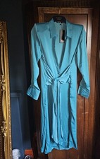 Nasty Gal Jade Blue Teal Satin Midi Shirt Dress Tie Waist Size 8 shoulder pads