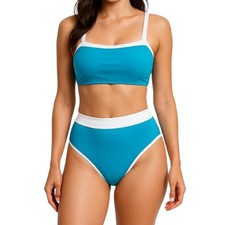 Women's Turquoise Blue  White Contrast Sporty Mid Rise Bikini Set Size M NWOT