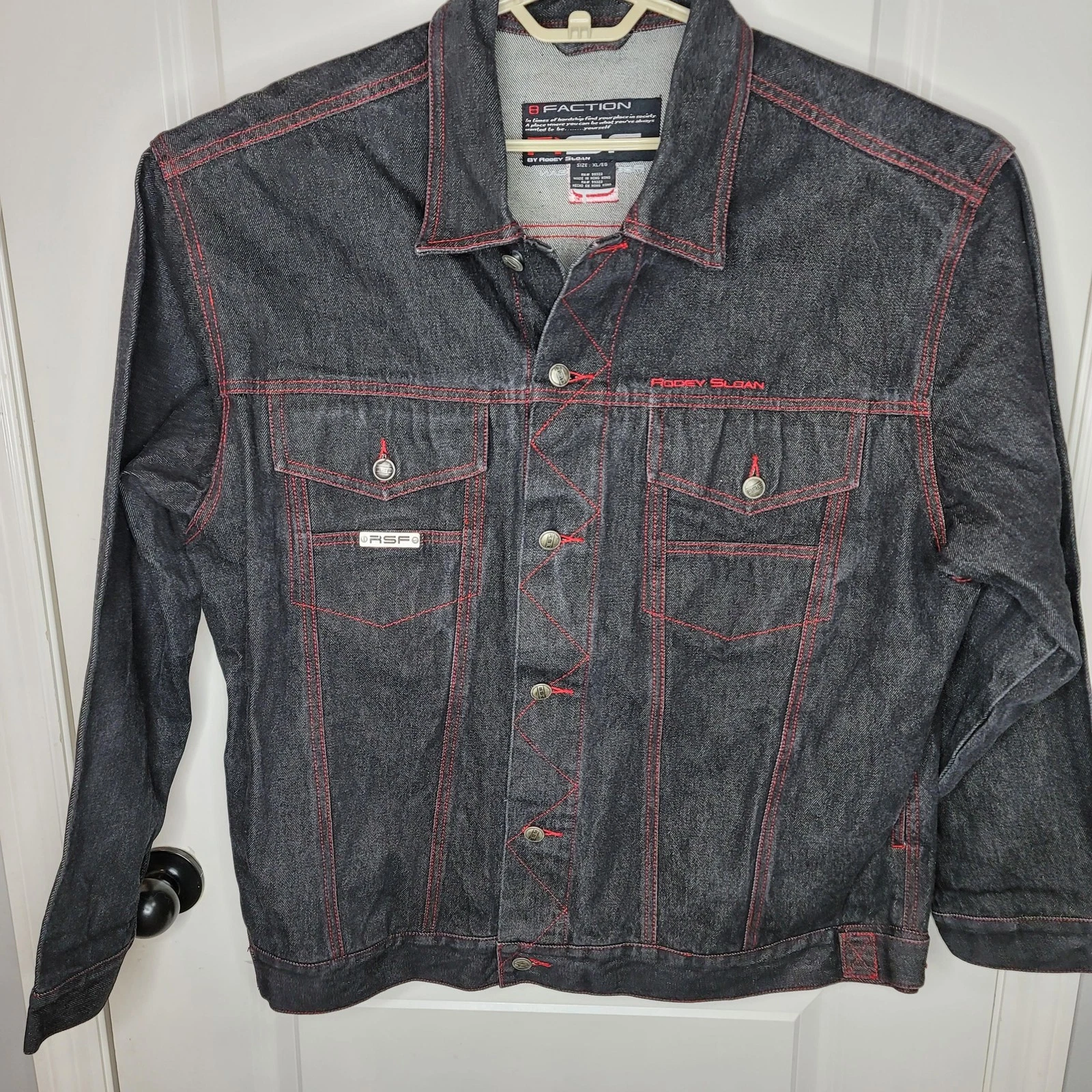 Faction Jacket Mens XL Black Denim Trucker RSF Rodney Sloan Red Stitch Biker