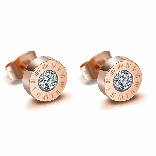 Men Women Stainless Steel Cubic Zirconia Round Roman Numerals Stud Earrings