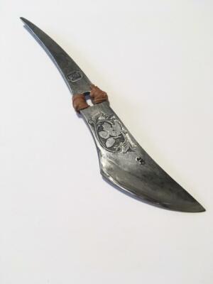 Hand-Forged Custom Engraved San Mai Kiridashi / Utility Knife, Leather Accent