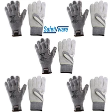 5 Pair Safetyware Heavy Duty Level 5 Cut Resistant Leather Palm Work Gloves Bulk