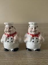 Vintage Chef holding Bread Salt  Pepper Shakers, Red, White, and Black