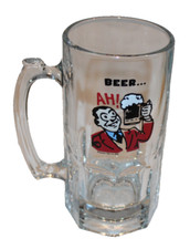 VTG 2000 Spencer Gifts 8" glass beer mug stein Beer ... Breakfast of Retirees
