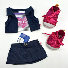 Build A Bear XOXO Heart Glitter Stripe Top Denim Jean Skirt Shoes Teddy Outfit