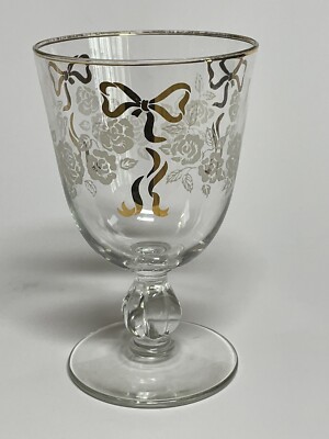 Libbey Rose Classic Water Goblet Glass Roses and Ribbons Gold 5 3/8 