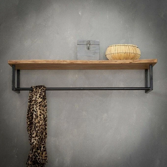Mensola appendiabiti cappelliera da parete in legno massiccio e ferro  - Immagine 2 di 2