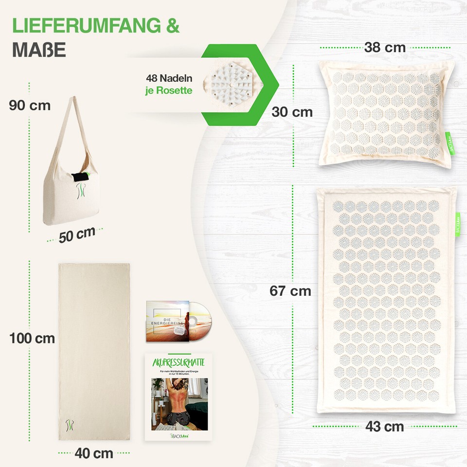 BACKLAXX ® Akupressurmatte Mit Kissen, Tuch Und Tasche, Akupunktur