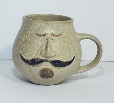 1970s Vintage Pottery Craft USA Large Coffee Mug Cup 3D Face Mustache Man