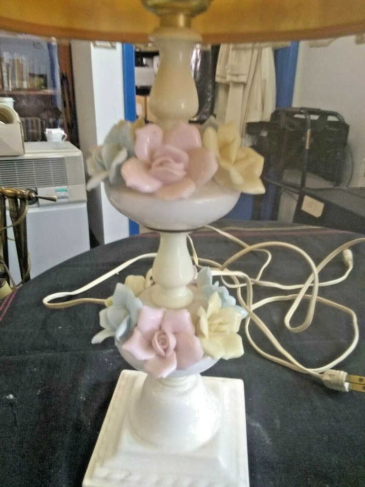 2 Nightstand Lamps Ceramic Lamp with Flowers Shade with Ruffle - Image 3 of 4
