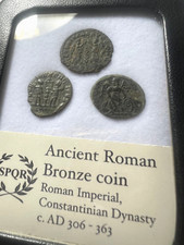 3x Genuine Uncleaned Ancient Roman Coins In Display Case - Constantinian Dynasty