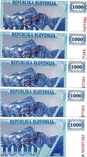 LOT SPECIMEN, Slovenia, 5 x 1000 (Tolarjev), 1992, P-9s1, UNC