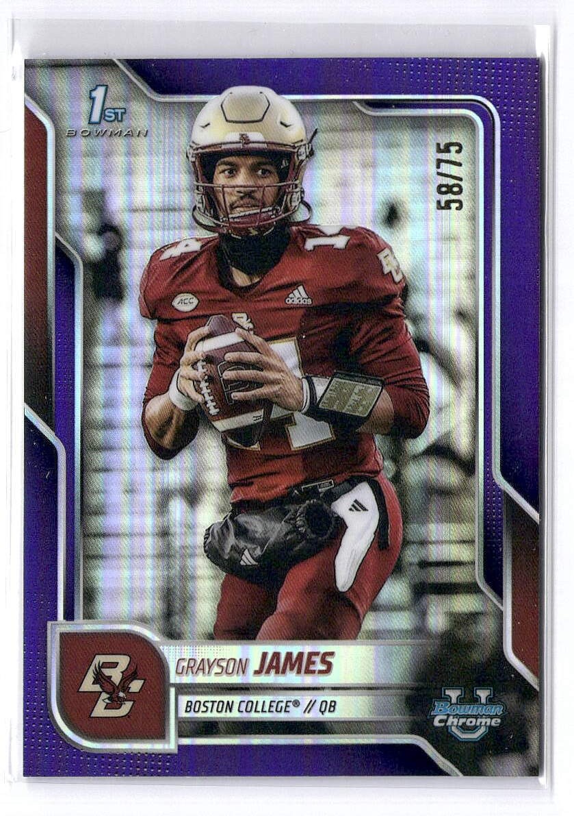 2025 Bowman Chrome University #75 Grayson James Purple Refractor RC /75 Eagles