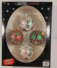 The Christmas Shoppe Glass Ball Ornaments Plaid Green Red Glitter 2011 Box Of 4 