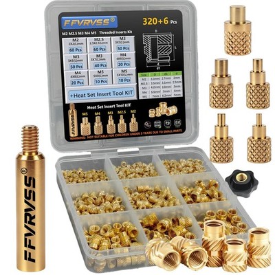 320+6Pcs M2 M2.5 M3 M4 M5 Premium Brass Threaded Inserts, Metric Brass Knurled N