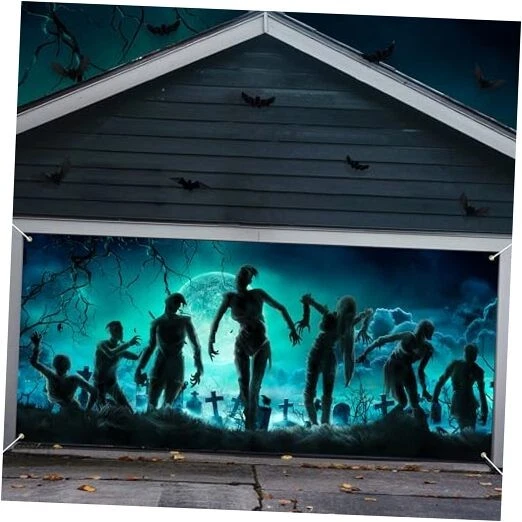 Halloween Garage Door Decorations, 7 x 16 Ft Large Halloween Garage Door Cover 