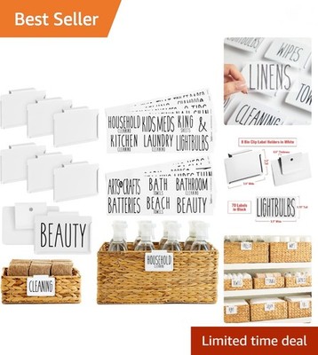 Storage Bin Label Holder Set - Easy-On Clip-On Tags for Storage Bins - 70 Pre...