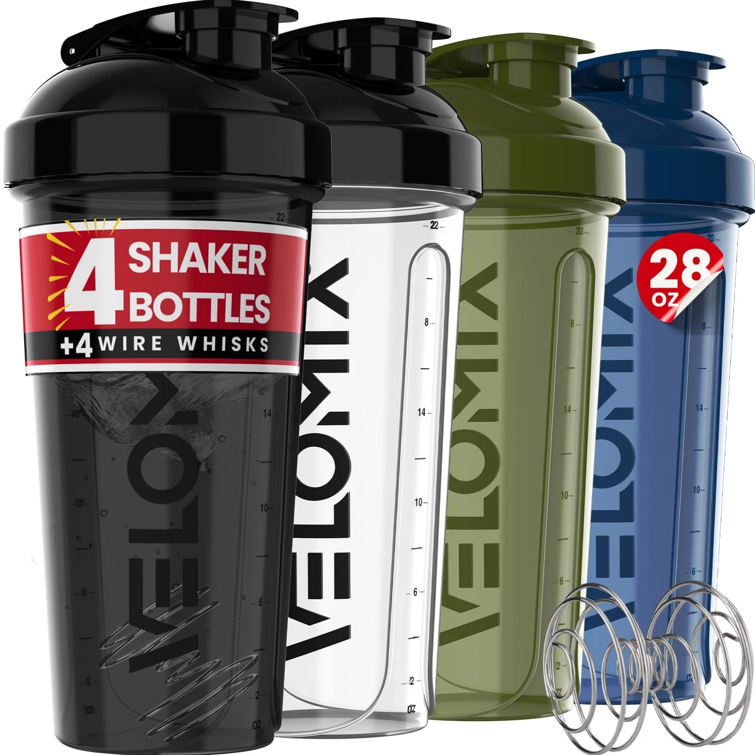 VELOMIX -4 PACK- 28 oz Protein Shaker Bottle for 28 Ounces, A2) NeoCool Pack