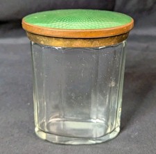 Vintage Art Deco Green Guilloche Enamel Oval Glass Vanity Jar Copper Brass Lid