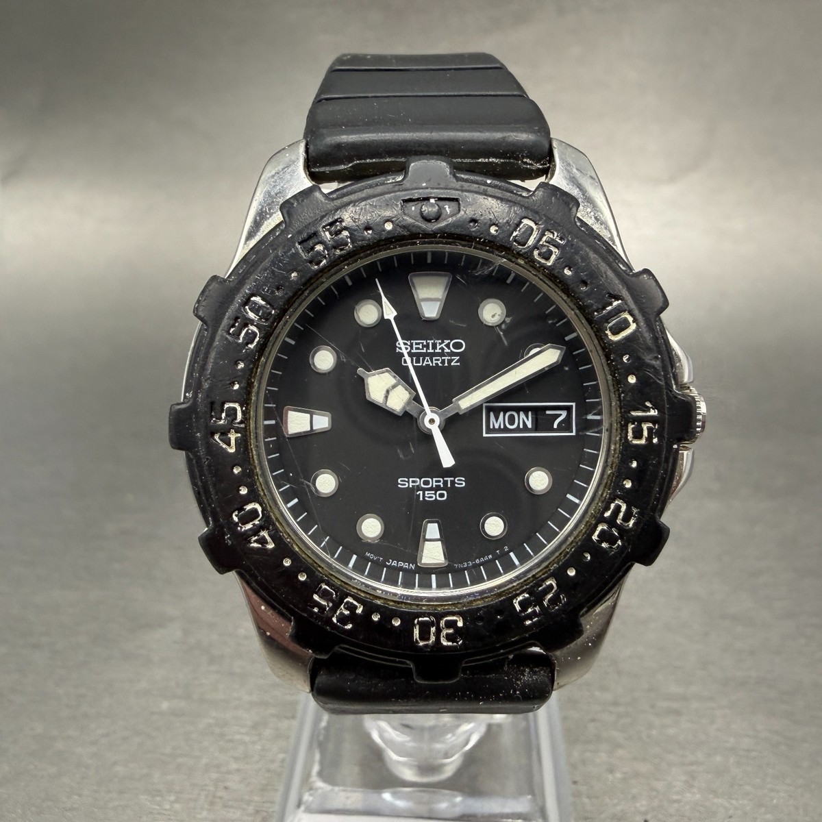 Seiko Diver Sports 150 Watch Men 37mm Black Dial Steel Daydate