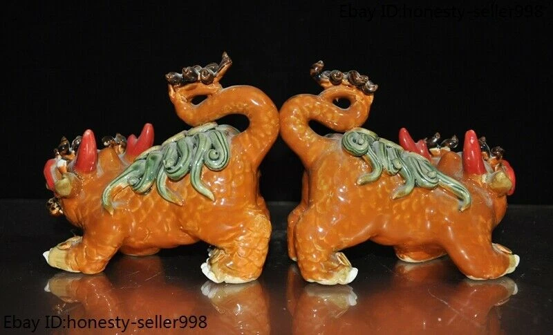 Par de estátuas de dinheiro 6" Wucai cerâmica porcelana vermelha Fengshui riqueza Chi-lin Qilin - Imagem 3 de 4