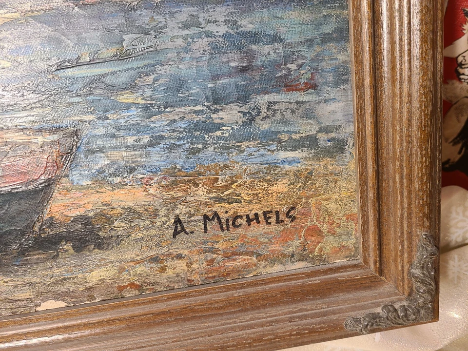 Антикварные Масло на Холсте, Морские, Рыболовные Лодки на Пляже "A. Michels" 1950-е - Изображение 4 из 4