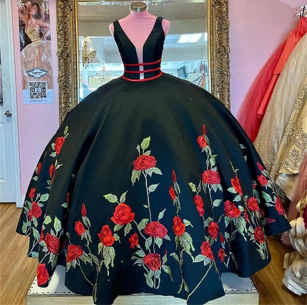 Black Charro Quinceanera Dresses Ball Gown V-neck Satin Embroidery Puffy Sweet16 | eBay Black Charro Quinceanera Dresses Ball Gown V-neck Satin Embroidery Puffy Sweet16 | eBay
