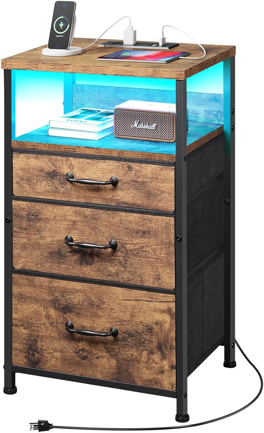 Compact LED Nightstand with Charging Station, Open Shelf, and Durable Steel Frame for Stylish Bedroom Storage-image