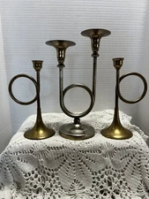Vintage Brass Horn Trumpet Candlesticks