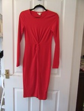 BASIC red long sleeved bodycon midi dress with front gather detail, size S