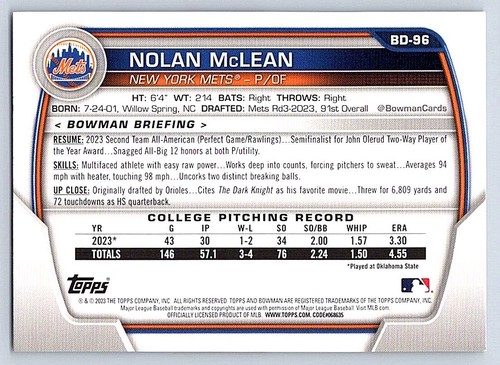 NOLAN MCLEAN METS RC 1st card 2023 BOWMAN DRAFT #BD-96 - 第 2/2 張圖片