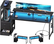 59'' Home Office Gaming Computer Desk 3 Drawers Shelves LED Lights Power Outlet