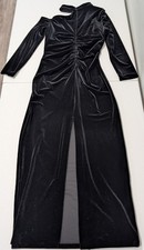 XSCAPE Black Velvet Ruched Asymmetrical Long Sleeve Gown Split Front Size 16