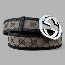 Auth GUCCI Brown Monogram Canvas Leather Silver Interlocking G Buckle Belt 85/34