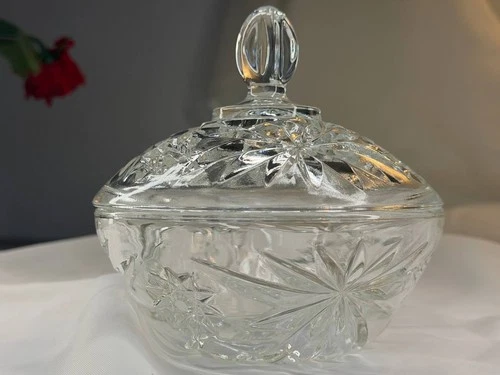 Vintage Anchor Hocking Star of David Starburst Candy Dish & Lid Prescut Glass **