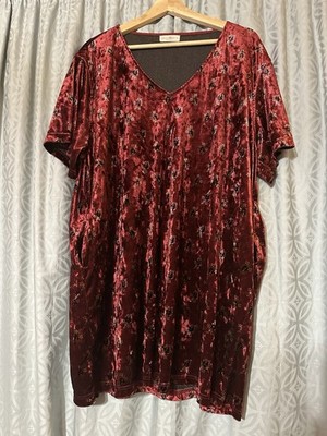 Natural Life Tunic Top Women s L Red Velvet Floral Short Sleeve Pockets Hippie