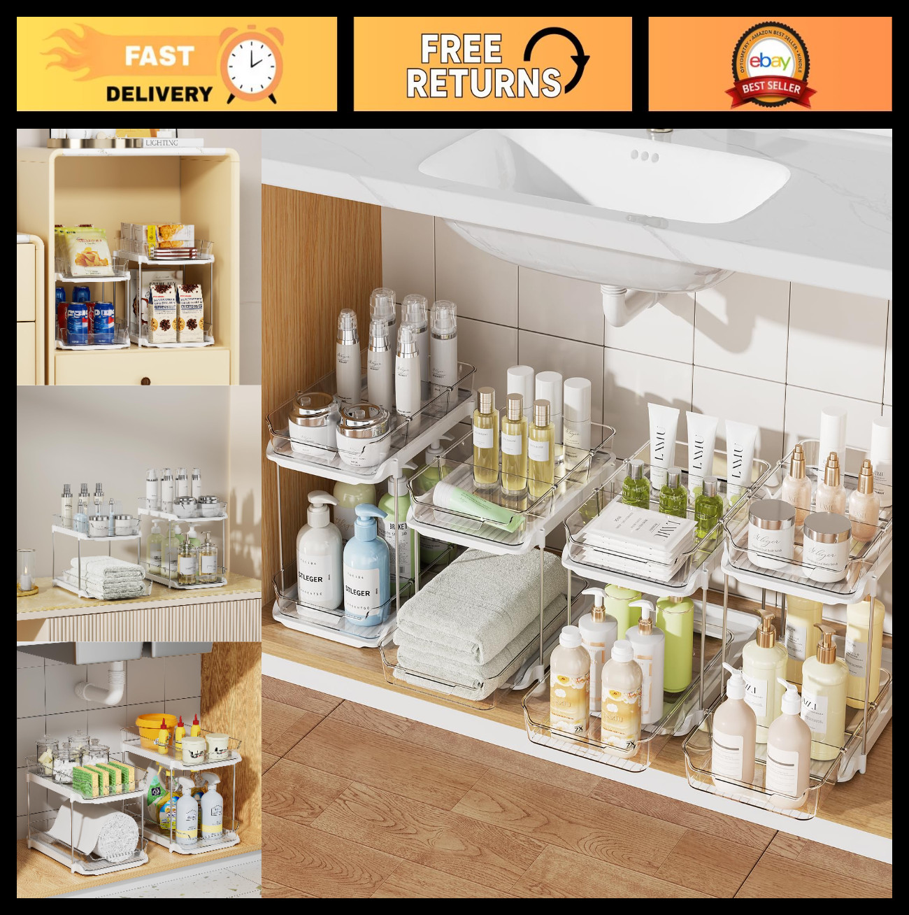 4 Pack 2-Tier Under Sink Organizers - Stackable Clear Bathroom & Kitchen Storage