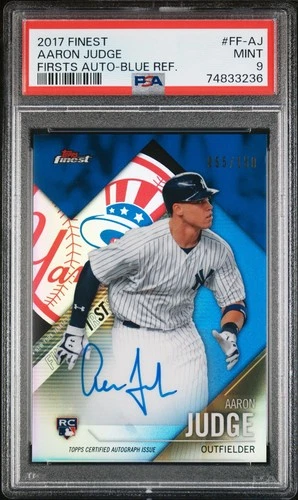 2017 Topps Finest Firsts Aaron Judge RC Blue Refractor On Card Auto /150 PSA 9