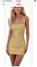 Gold Sequin Halter Backless Mini Party Dress for Women