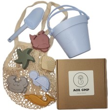 AOZ GMP Silicone Beach Toy Set Bucket Shovel Sea Life Sand Molds Blue