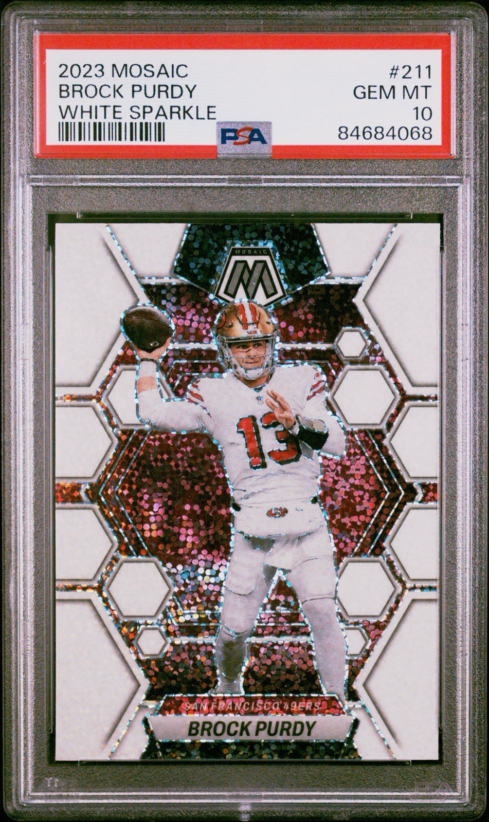PSA 10 Pop 3 2023 Panini Mosaic Brock Purdy White Sparkle Prizm SSP 49ers 2nd Yr view 1