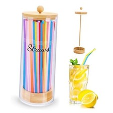 10-Inch Acrylic Straw Dispenser with Bamboo Lid stickers, with 100 3.5" 10"