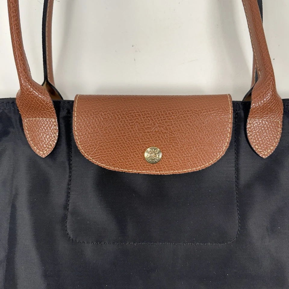 Longchamp Le Pliage Black Nylon & Brown Leather Large Folding Tote Shoulder Bag - Image 2 of 4