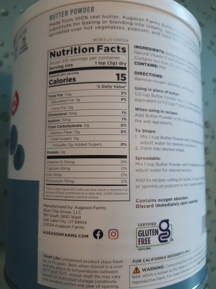 Augason Farms 5-90363 2 libras 4 oz mantequilla enlatada en polvo, 204 porciones Foto 2 de 4