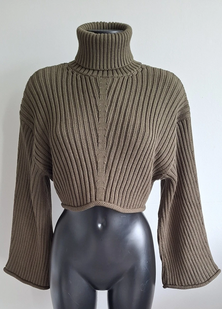 ZARA Khaki Green CHUNKY KNIT Polo Neck OVERSIZED Military CROP JUMPER XS 8 10