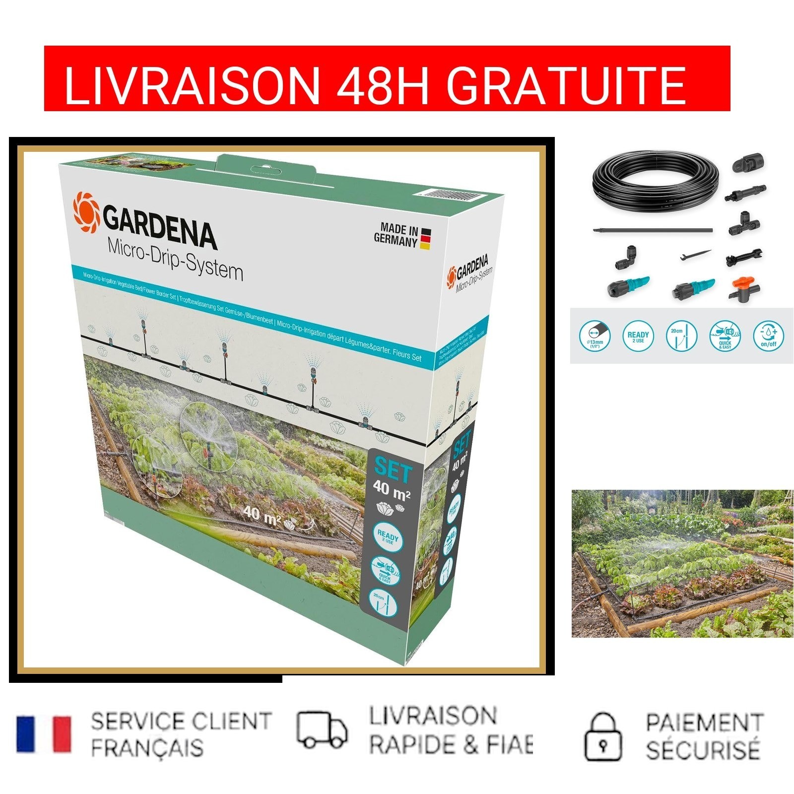 Irrigation goutte à goutte 40m2 Gardena Micro-Drip pour économie d'eau