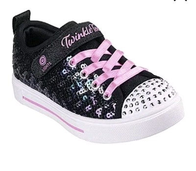 Size 3 SKECHERS Twinkle Toes Sequin Party Girls Shoes Light Up Purple Black NIB