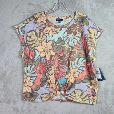 Democracy Tropical Floral Front Knot Top Womens 1X Multi Short Sleeve Summer - Image 1 of 4