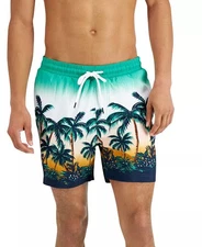 INC Men's Regular-Fit Quick-Dry Sunset Palm Tree-Print 5" Swim Trunks Green-2XL